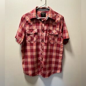 Random Access Western Inspired Pearl Snap Short Sleeve Shirt Mens Med, Red Plaid